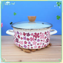 Carbon steel enamelware strait pot with glass lid wooden knob and purple flower decal